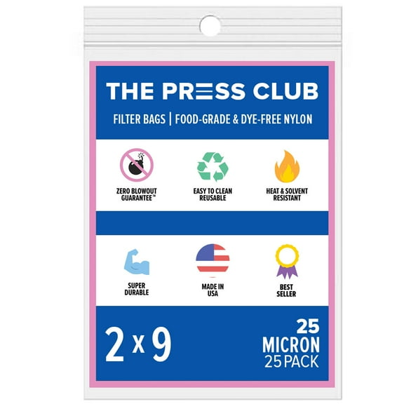 The Press Club 25 Micron Premium Nylon Tea Filter Press Screen Bags, 2" x 9" Inch, 25 Pack