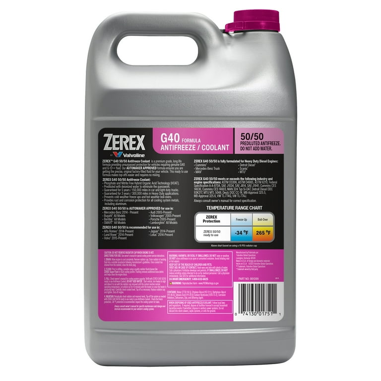 Zerex G40 Antifreeze Coolant 50/50 Ready-to-Use 1 Gallon - Walmart.com Zerex G40 Antifreeze Coolant 50/50 Ready-to-Use 1 Gallon - Walmart.com
