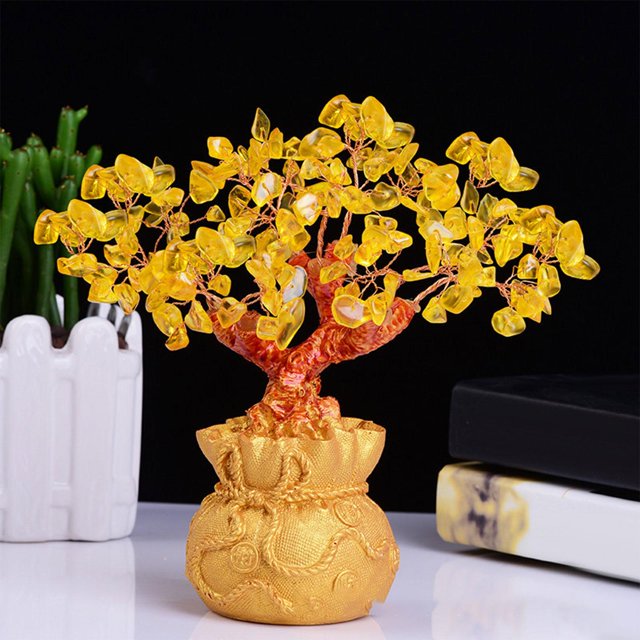 Chino Lucky Tree Esculturas Bonsai Fortune Trees Adornos de Fortuna para Decoración Dormitorio pequeña sala Muebles de Escritorio Cristal amarillo Macarena Estatua del árbol de la suerte