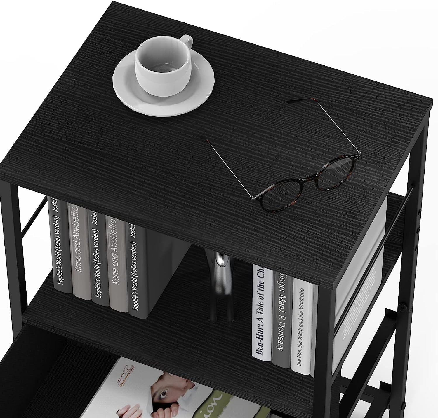 Nightstand for Bedroom End Side Table with 2 Drawers and Open Shelf Wood, Black