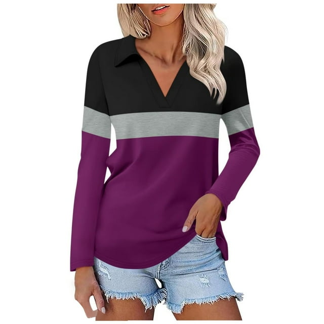 TINZ Chemise Unie à Manches Longues Col en V T-Shirt d'Été en Polyester