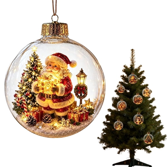 Light‑Up Christmas Glowing Ornament Ball, Miniature Holiday Scene Inside, Built‑in Battery Hanging Decoration, Festive Transparent Ball Ornament for Christmas Tree Holiday Party Decor, Santa Claus