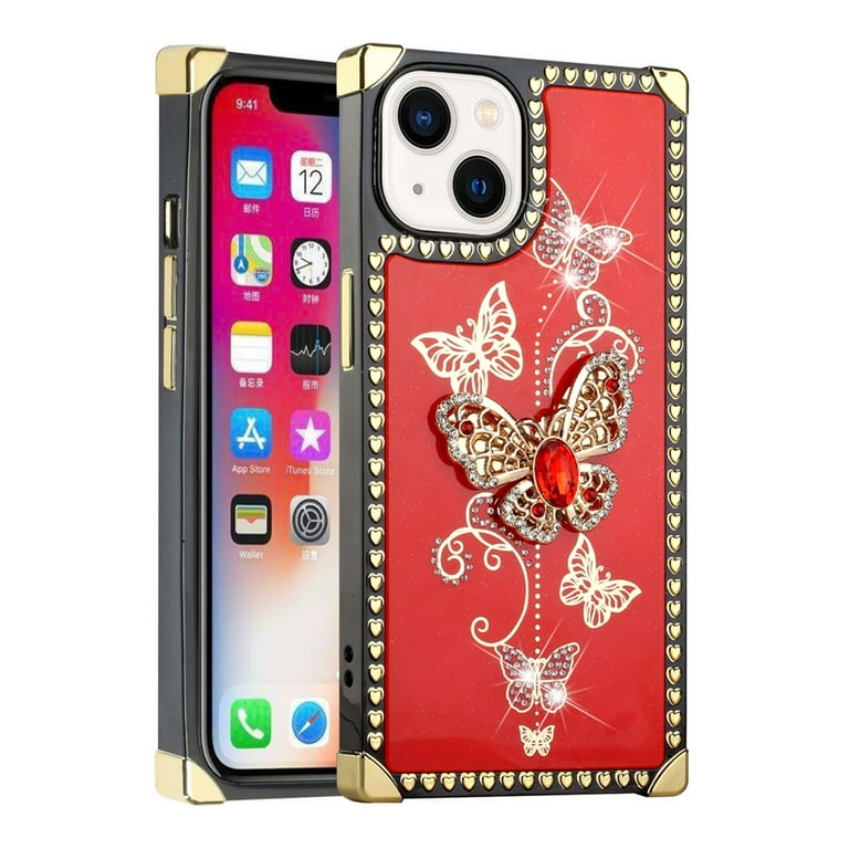 for Apple iPhone 14 Pro Max 6.7 Passion Square Hearts Diamond Glitter Ornaments Engraving Case Cover - Good Luck Floral White