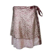 Mogul Indian Silk Sari Wrap Around Skirt Two Layer Reversible Pink Printed Boho Chic Gypsy Hippie Short Skirts