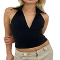 thumbnail image 1 of Women Summer Halterneck Tops V-neck Solid Color Backless Crop Tops, 1 of 8