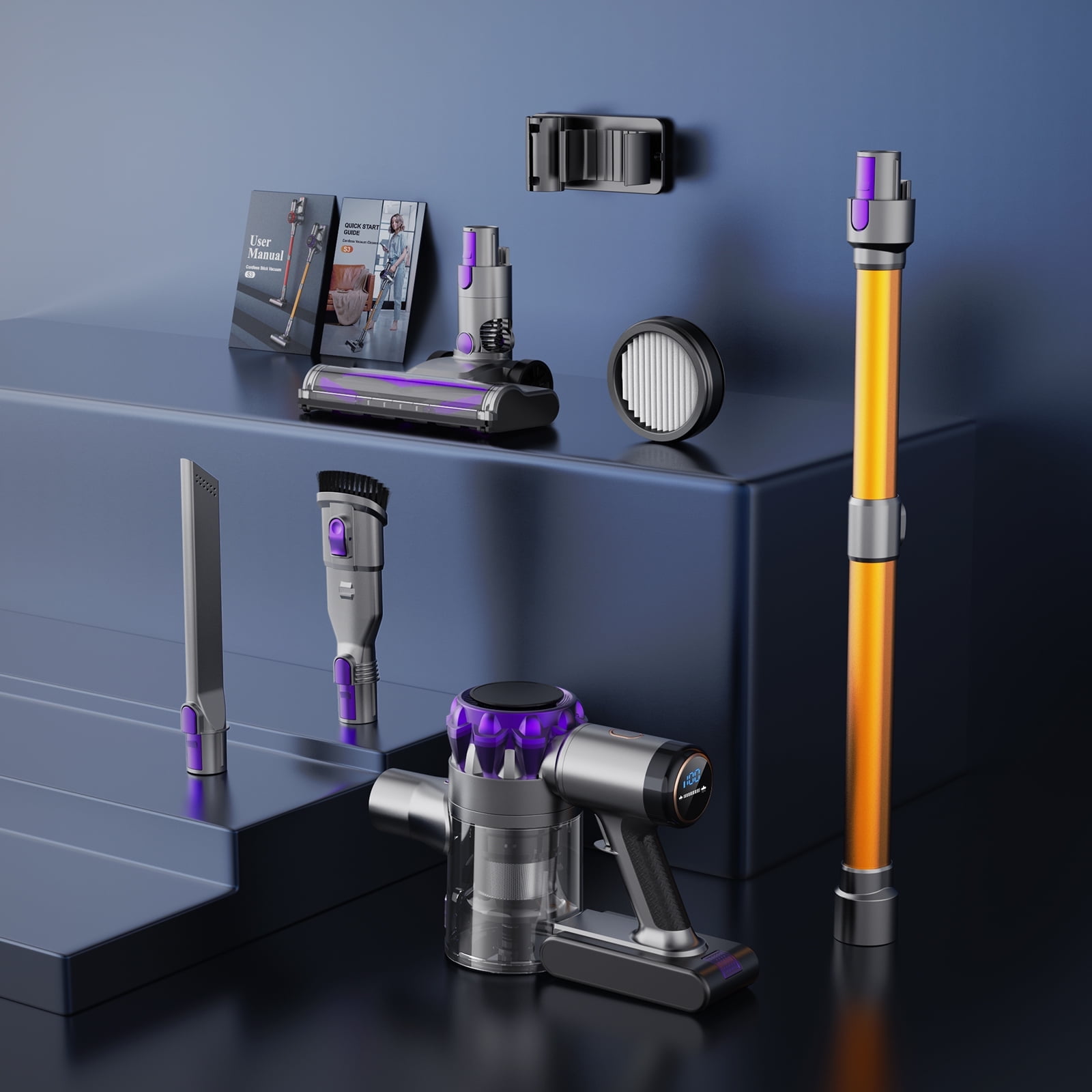 Cordless Vacuum Cleaner, 350W 35Kpa Powerful Stick Vacuum, with LED Display Free-Standing Vacuum Cleaners for Home Pet Hair Carpet Hard Floor S3 (Purple)