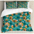 thumbnail image 1 of Tropical Duvet Cover Set, Flowers Abstract Motifs Monstera in Colorful Arrangement Print, Decorative 3 Piece Bedding Set with 2 Pillow Shams, Queen Size, Teal Marigold, by Ambesonne, 1 of 3