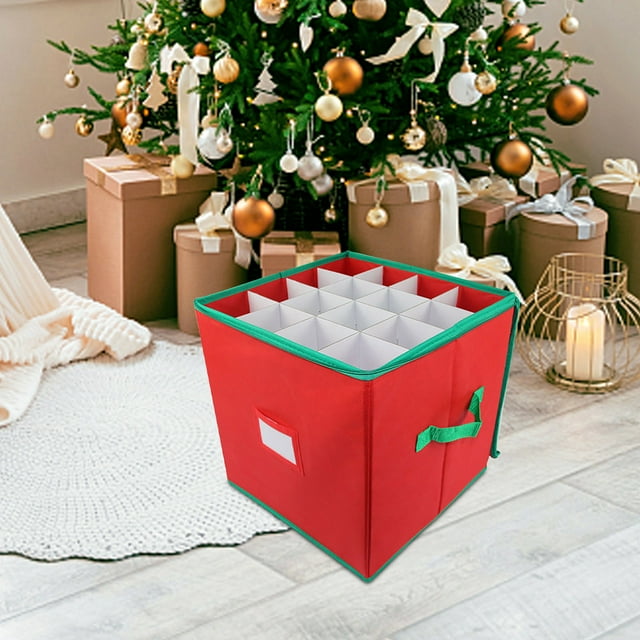 Christmas Ornament Storage Box 1PC,12.99x12.99x12.99in,-Compartment Organizer with Adjustable Dividers for Secure Keepsake Protection & Easy Seasonal Packing(Red)