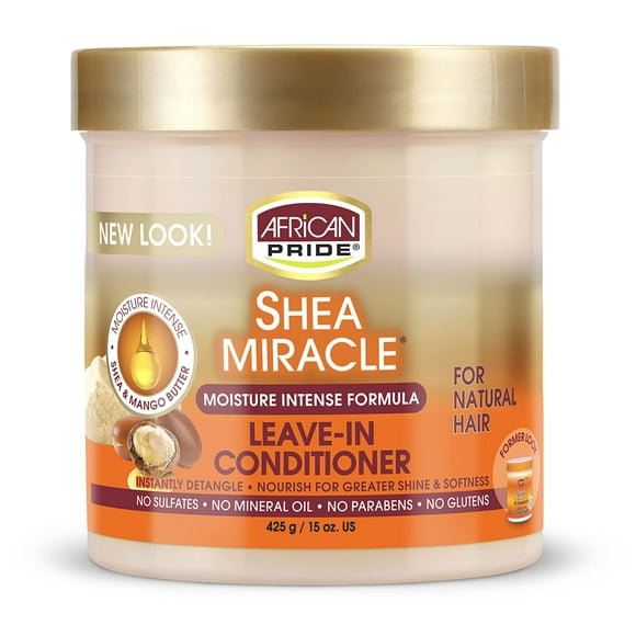 Acondicionador sin enjuague African Pride Shea Miracle - Contiene manteca de karité y mango africano para suavizar los rizos, bobinas y ondas, nutre el cabello 15 oz