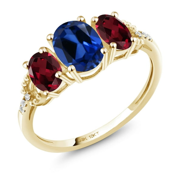 Gem Stone King 10K Yellow Gold 3-Stone Diamond Engagement Ring 2.02 Ct Oval Blue Created Sapphire Red Rhodolite Garnet (Size 7)