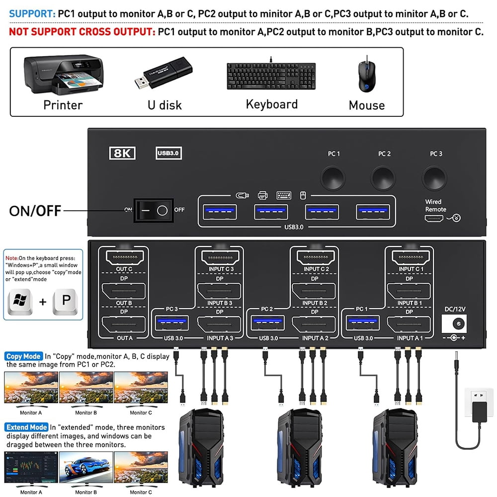 Switcher,3 In 3 3.0 Dp Switcher Dp Switcher And Printer Compatible Switcher And Printer Compatible With Switcher Kvm 3 Kvm 3 In Usb 3.0 Dp In 3 Out And Printer Usb 3.0