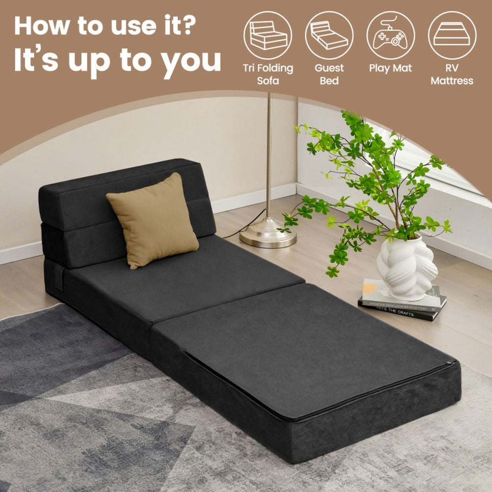 Finihen Sofa Bed, Folding Sofa Bed Couch, Tri-fold Folding Sleeper Sofa Bed, for Living Room, Bedroom, Black
