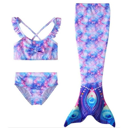 Toimothcn Girls Swimsuits Sleeveless Casual Colorful Fish Scale Printed 3 Piece Tail Bikini Set Quickly Dry Cover Up Swimwear 3-4 Years