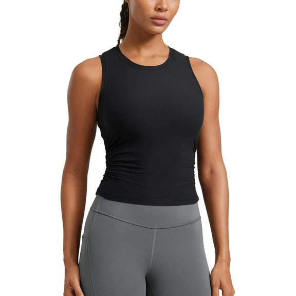 Womens Ruched Tank High Neck Workout Fitted Tops Basic Yoga Athletic Sleeveless Shirts