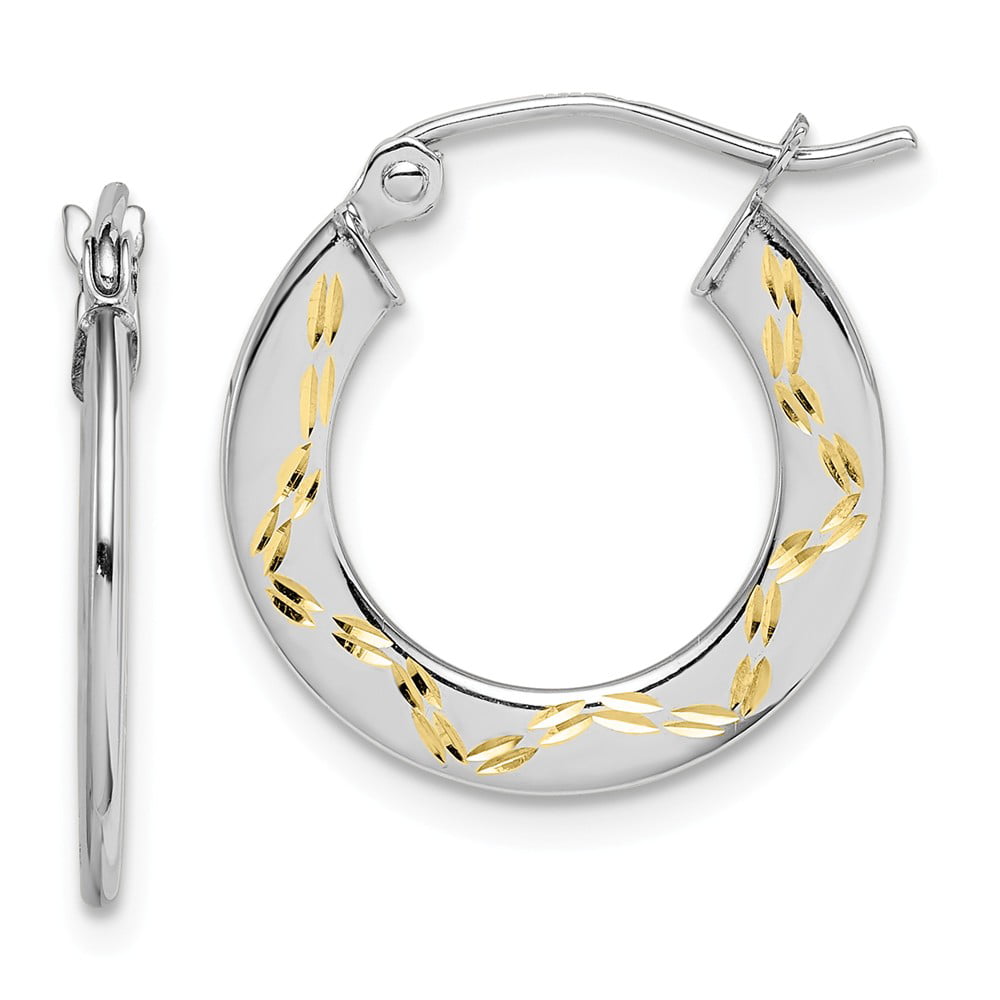 FB Jewels Solid 10K & Rhodium Diamond Cut Small Hoop Earrings