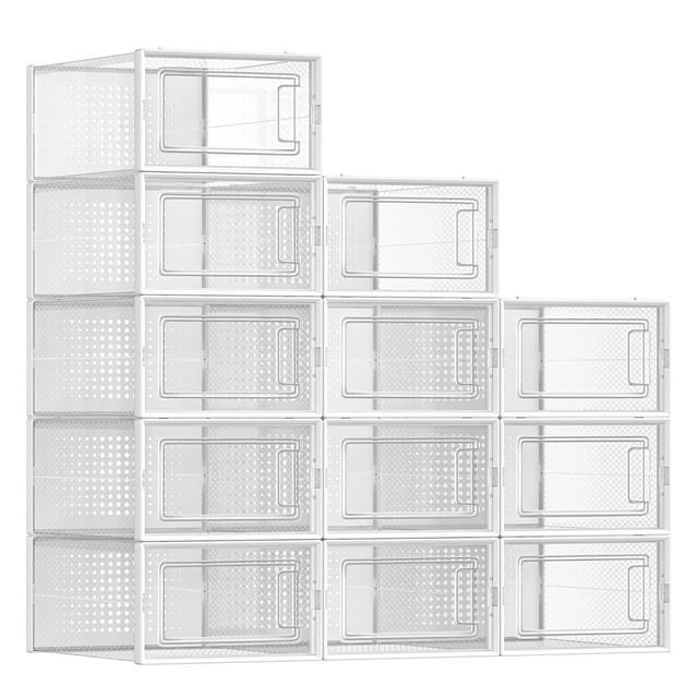SONGMICS Cajas de Zapatos, Paquete de 12 Organizadores de Almacenamiento de Zapatos, Cajas Apilables de Plástico Transparente para Armario, Zapatillas, 9.1 x 13.1 x 5.6 Pulgadas, Se Ajustan hasta el T