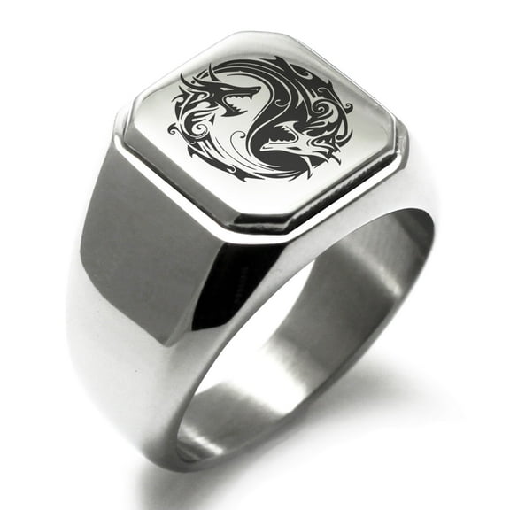 Tioneer Stainless Steel Tribal Dragon Yin Yang Engraved Square Flat Top Biker Style Polished Signet Ring