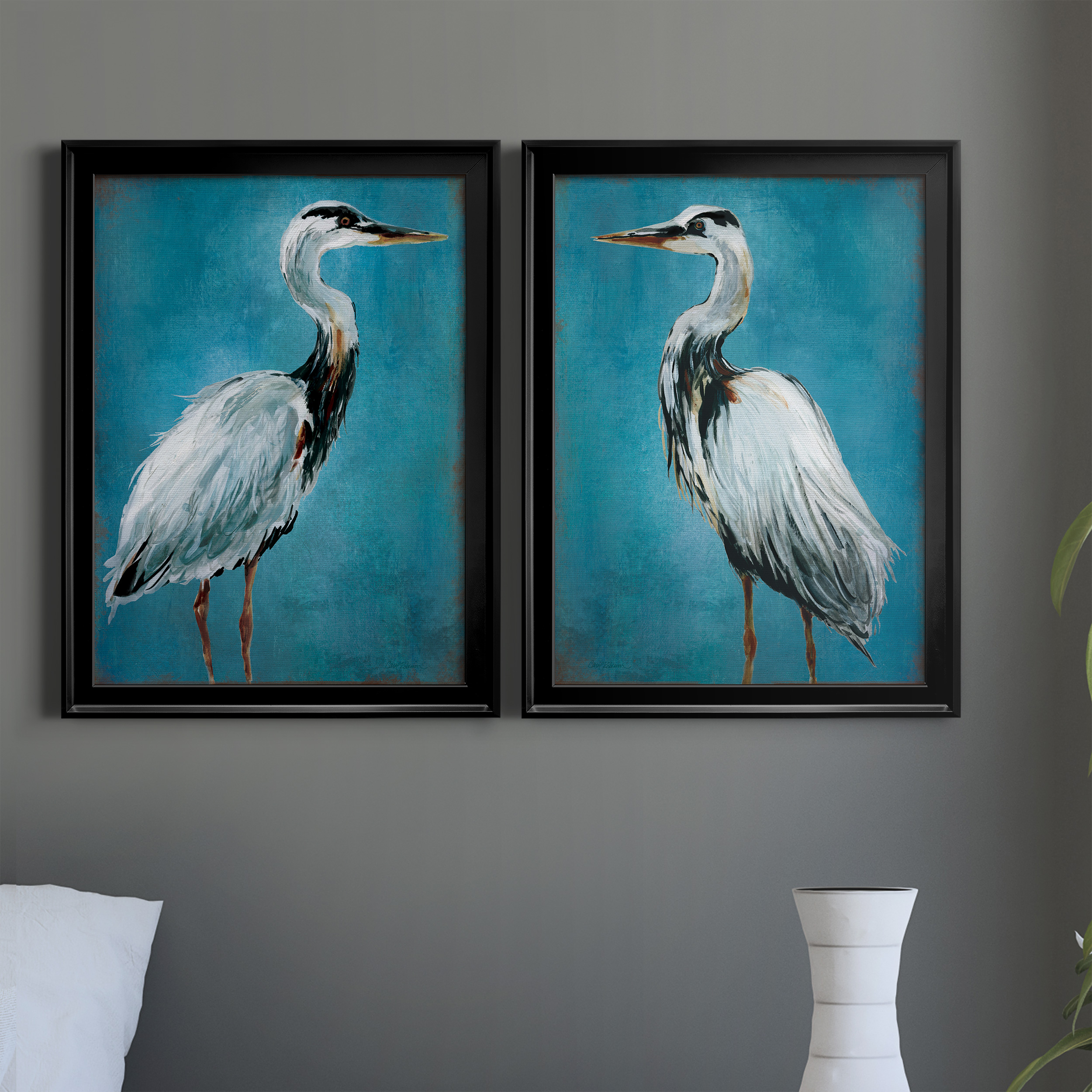 2 Piece Set Great Blue Heron I Premium Framed Canvas - Ready to Hang - 18.5 x 24.5 Each - Black Frame
