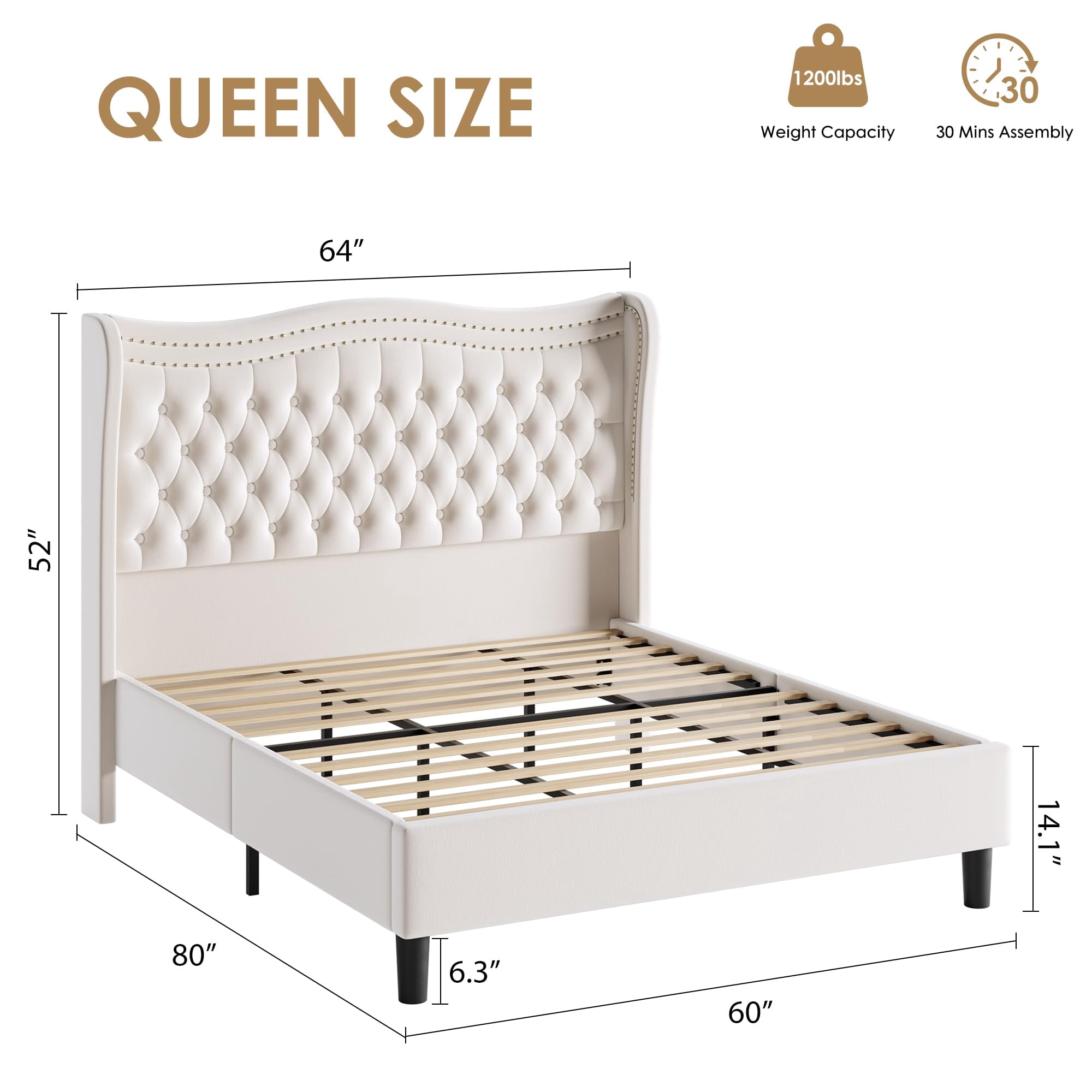 Miniyam Queen Size Wingback Bed with 52" Velvet Upholstered Headboard, Nailhead Trim, Sturdy Wood Slats for Adults, Beige