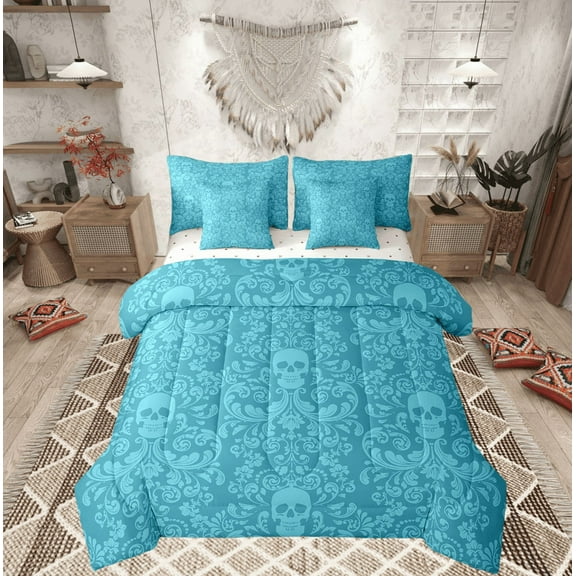 Damask Gothic Bedding Set Adults Antique Victorian Bed in a Bag King Size Comforter Set 7 Pieces,Cyan Blue Sugar Skull Sheet Set Vintage Floral Goth Bed Set,Exotic Bone Skeleton Bohemian Decor