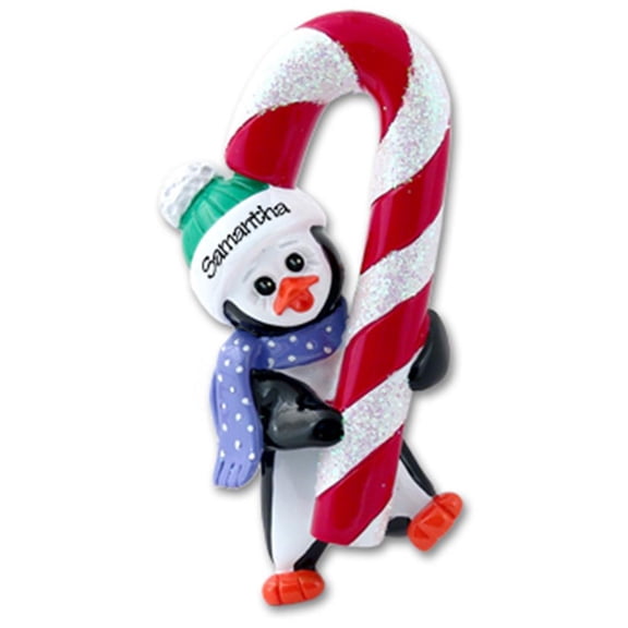 Penguin with Candy Cane Personalized Christmas Ornament