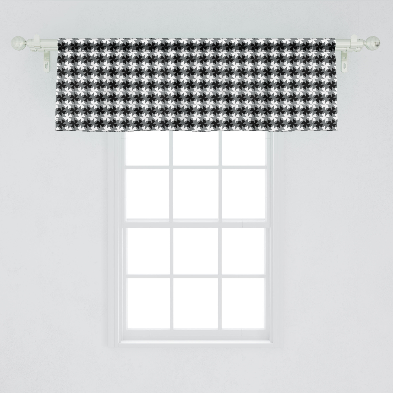 Ambesonne Black and Grey Window Valance, Grid of Pinwheel Style Shapes and Circles Abstract