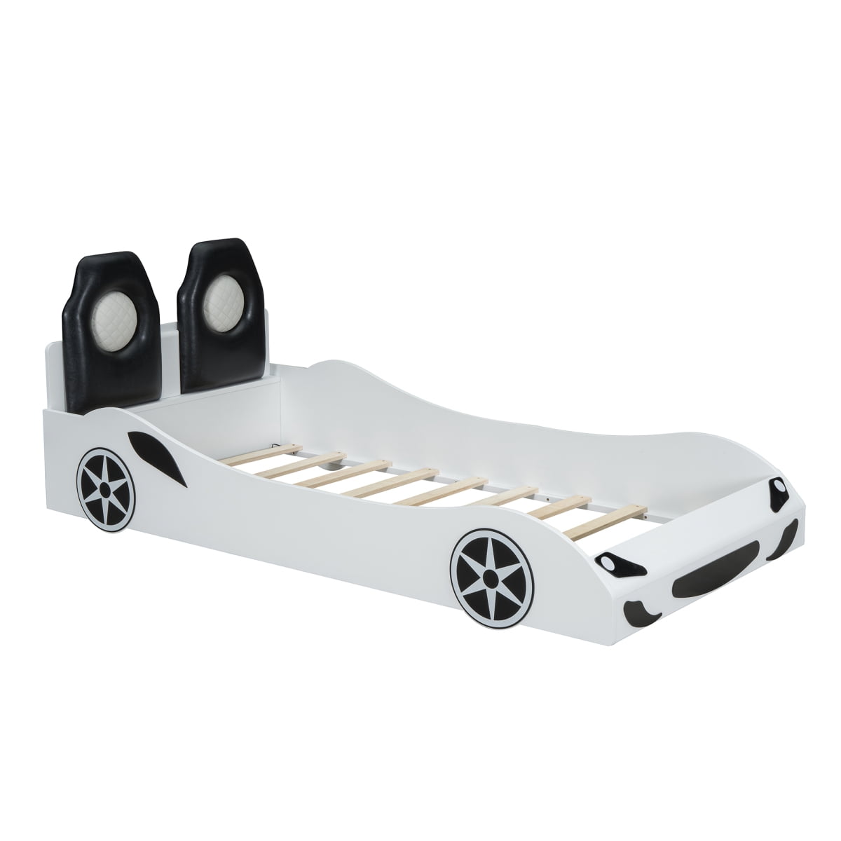 Wood Twin Size Race Car-Shaped Platform Bed with LED and Upholstered Backrest, White    RR