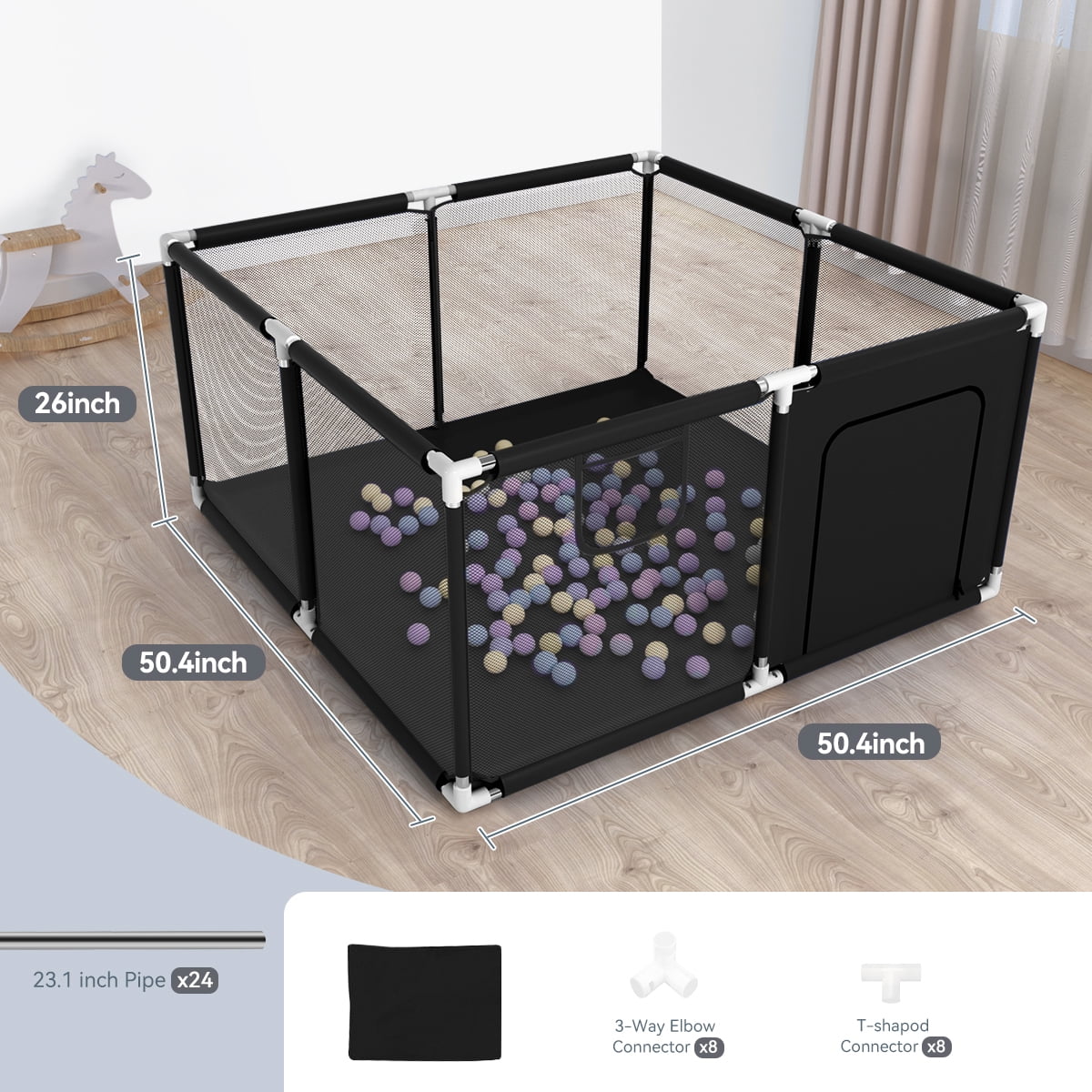 Baby Playpen, Outdoor Play Yard, Portable Play Yard 4-Panel- Baby Foldable Safety Playpen for Infant Toddler, Black