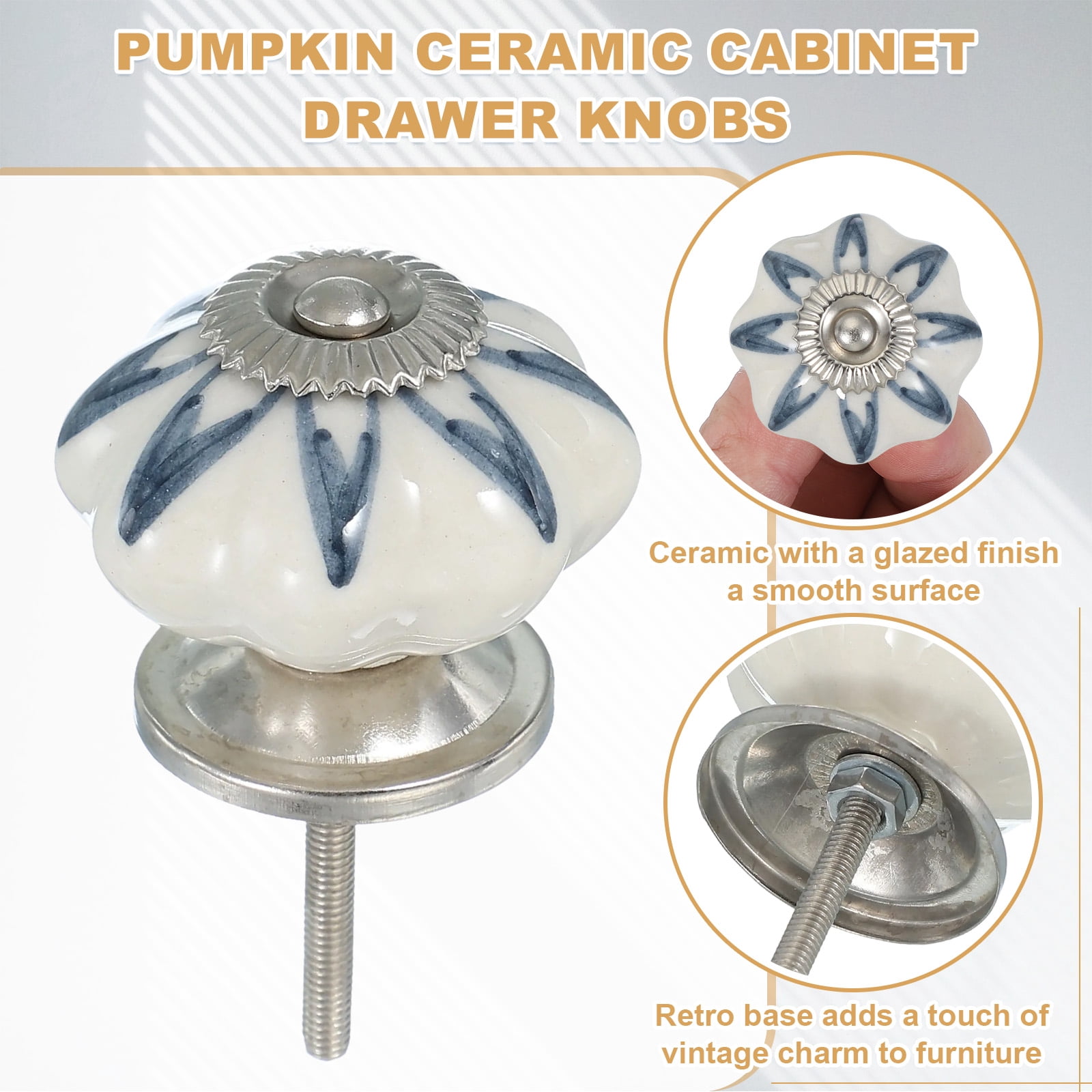 6 Packs Ceramic Knobs, Pumpkin Ceramic Cabinet Drawer Knobs with Screw for Closet Drawer Cupboard Wardrobe, White/Dark Blue