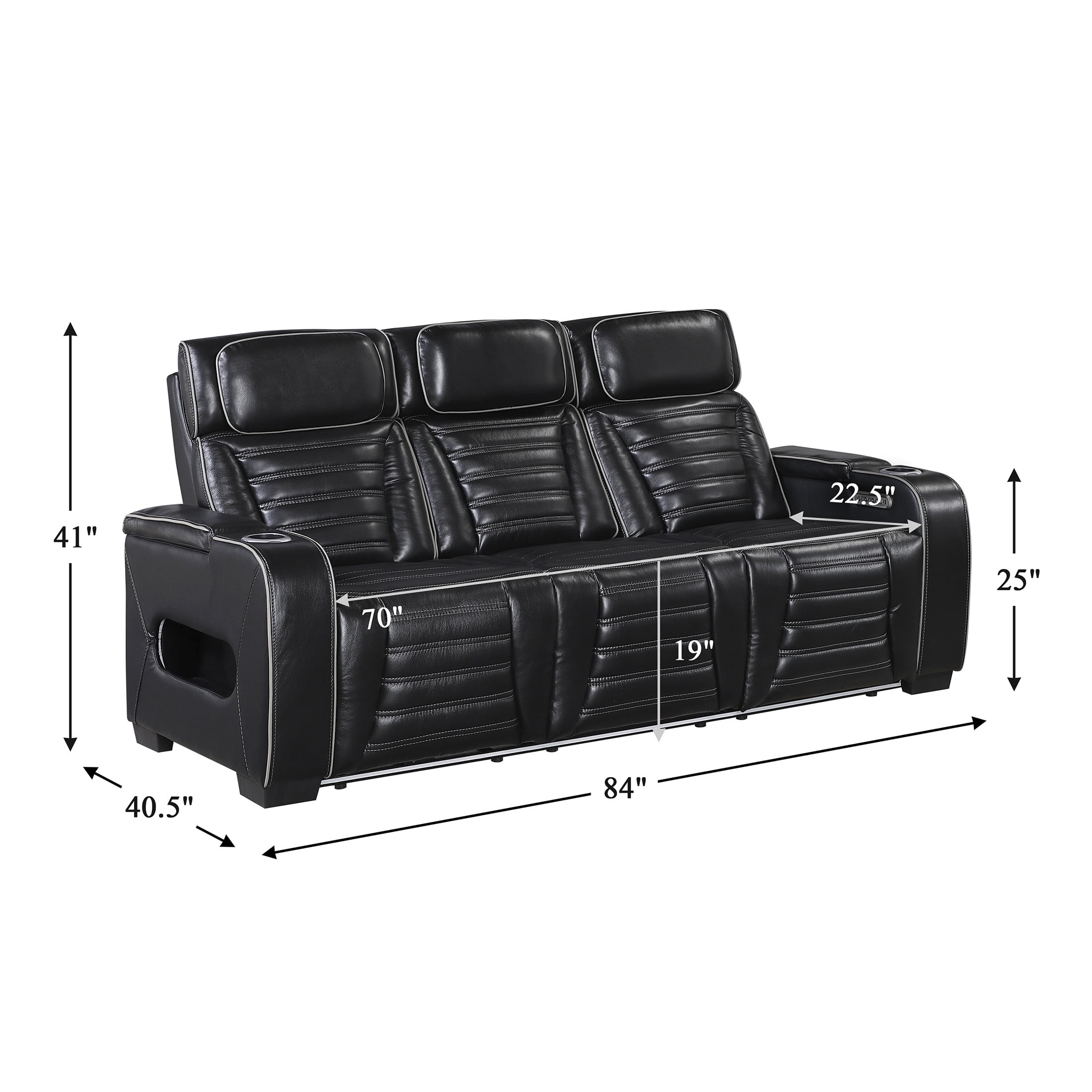 OakvillePark Elantra Leather Match Power Double Reclining Sofa with Center Drop-Down Cup Holder/Power Headrests/Storage Arms/Reading Lights/Wireless Charger/Air Massage/Heat/LED Lighting, Black