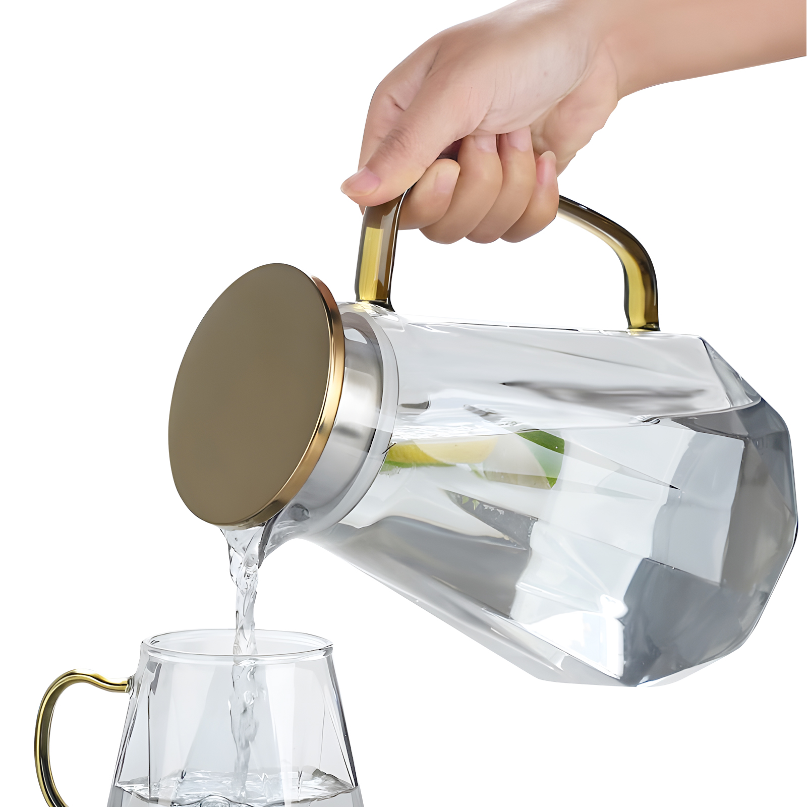 2000ml BPA-Free Water Pitcher with Gold Diamond Pattern Lid, Lead-Free Plastic Water Dispenser Safe for Dishwasher, Temperature Resistant from -4°F to 302°F (Clear)