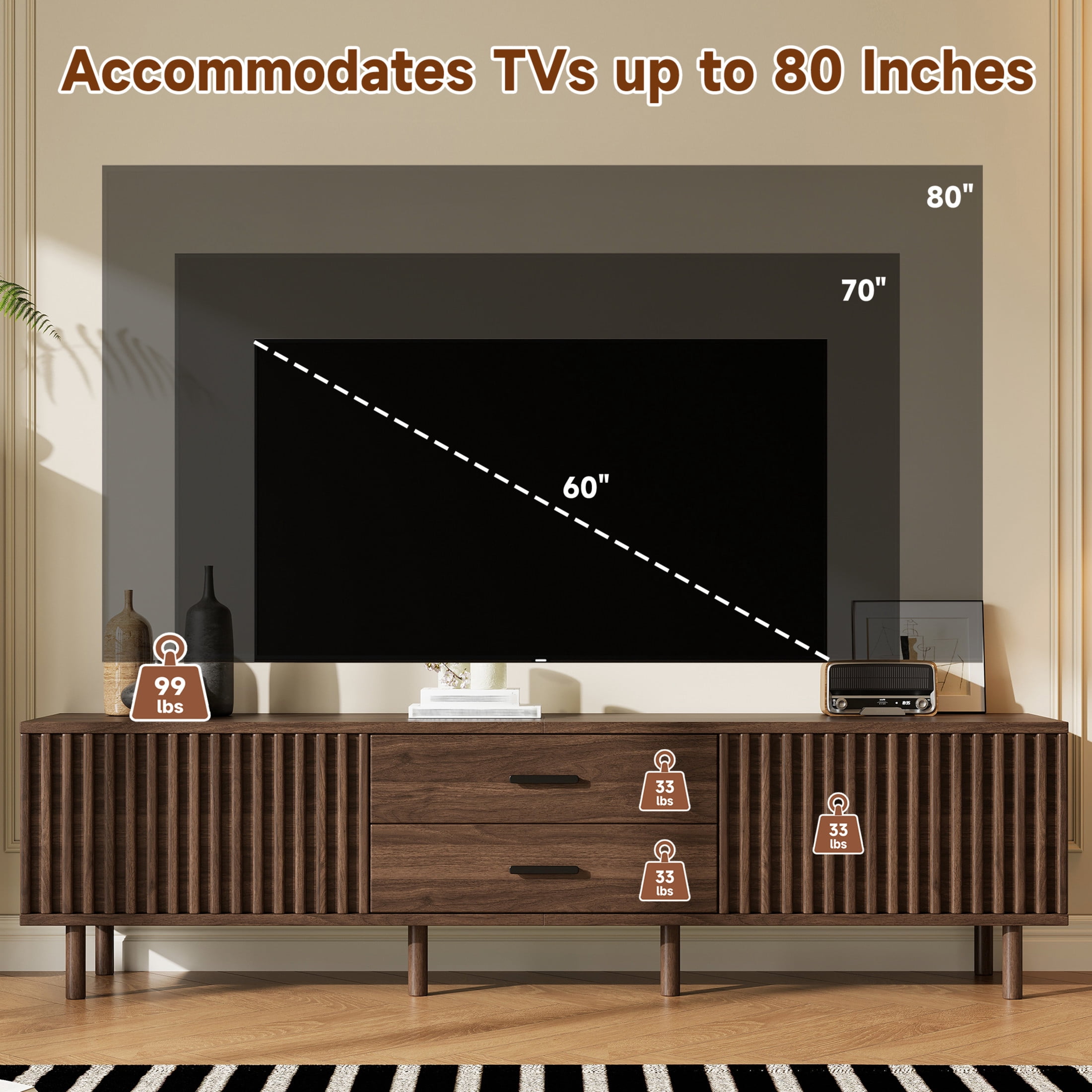 Noble House TV Stand for TVs up to 80" with Ample Storage, Slatted Doors, Dark Brown