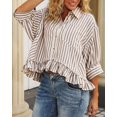 thumbnail image 4 of Blusa de verano CHYRII para mujer, con volantes y botones, a rayas, color canela, 4 of 6