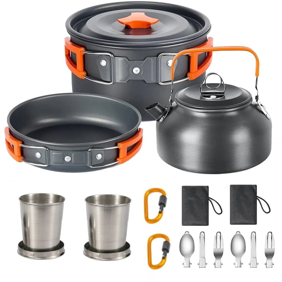 Outdoor Camping Cookware Set Cooking Carabiner Travel Tableware Cutlery Utensils Hiking Picnic Cookware Set 2-3 Person (Orange)