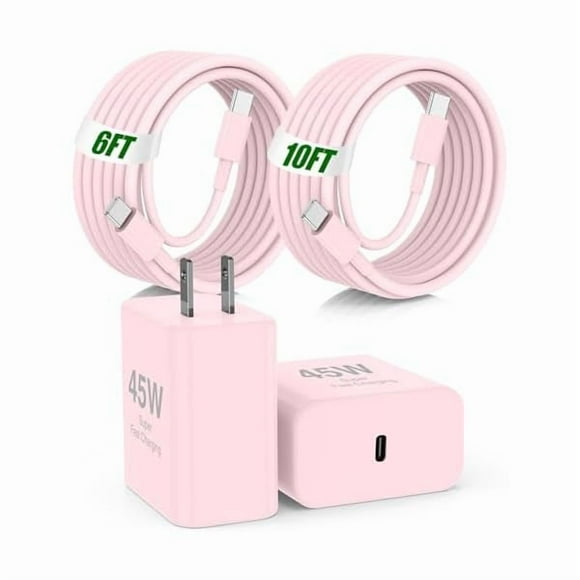 LinQingQ 45W Super Fast Charger Type C for Samsung,2Pack USB C Fast Charging Block with 10/6FT Type C Charging Cord for Samsung Galaxy S24/S23/S22,Android,Galaxy Tablet,iPhone 17 16 Pro Max-Pink