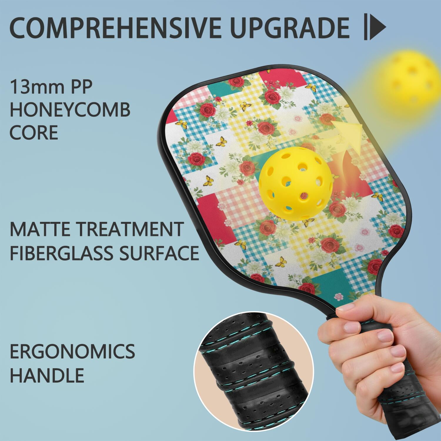 Pickleball Paddles Set,Pioneer Flower Floral Print Pattern Fiberglass Surface Pickleball Racket Set with 2 Indoor Outdoor Pickleball Balls and Pickleball Bag,Pickle-ball Equipment