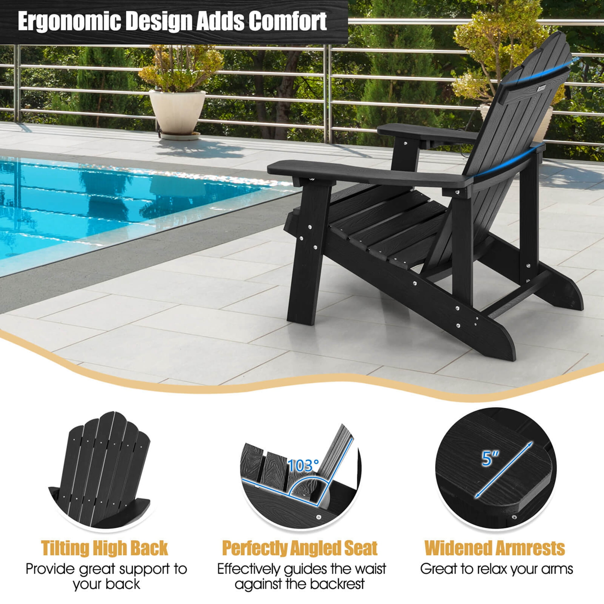 Costway Adirondack Chair HIPS Adirondack Chair with Cup Holder & Cushion Black