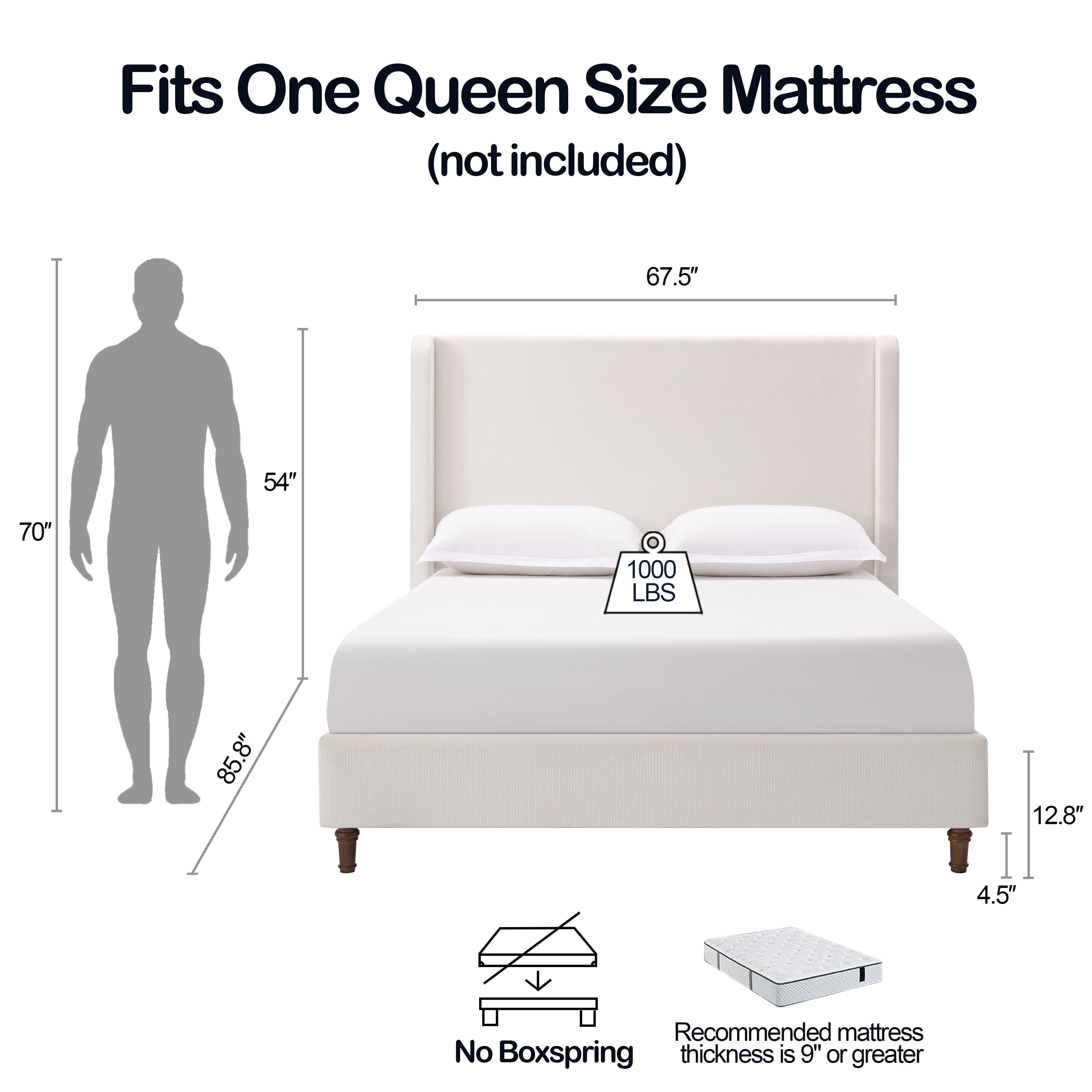 Miniyam Queen Size Upholstered Bed, 54" High Platform Bed with Wingback Headboard for Adult, Cream White