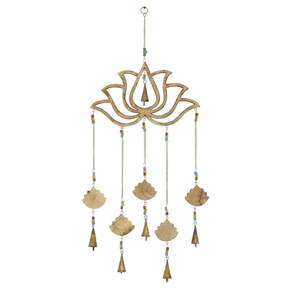 DecMode 37" Brown Mango Wood Handmade Lotus Floral Windchime with Glass Beads and Cone Bells
