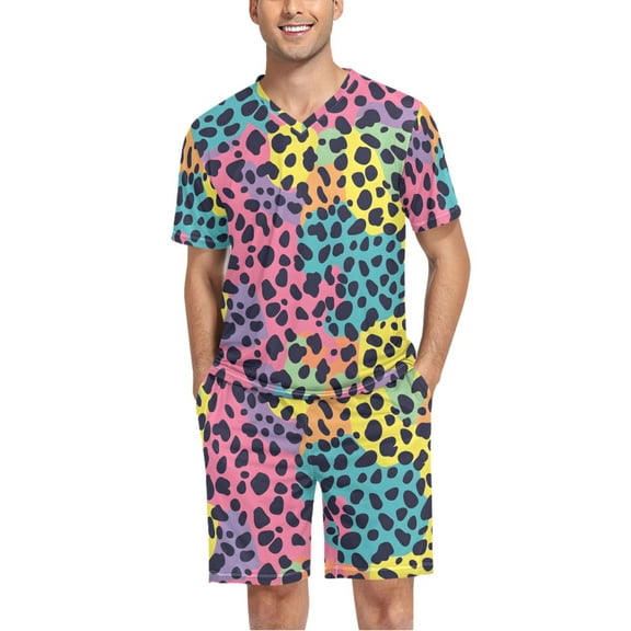 joogoo Men's Pajama Set Leopard Print V-Neck Pj Shorts Set 2 Piece Loungewear Sleepwear L