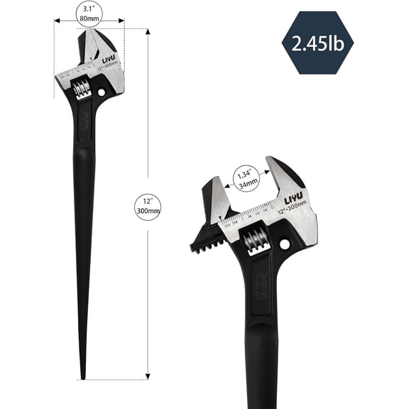 NDIUG-12-Inch 4-in-1 Multi-Function Adjustable Wrench, Pipe Wrench, Hammer & Pry Bar, High Carbon Steel, Phosphated Coating, Reversible Anti-Slip Jaw, Laser SAE & Metric Dual Scale