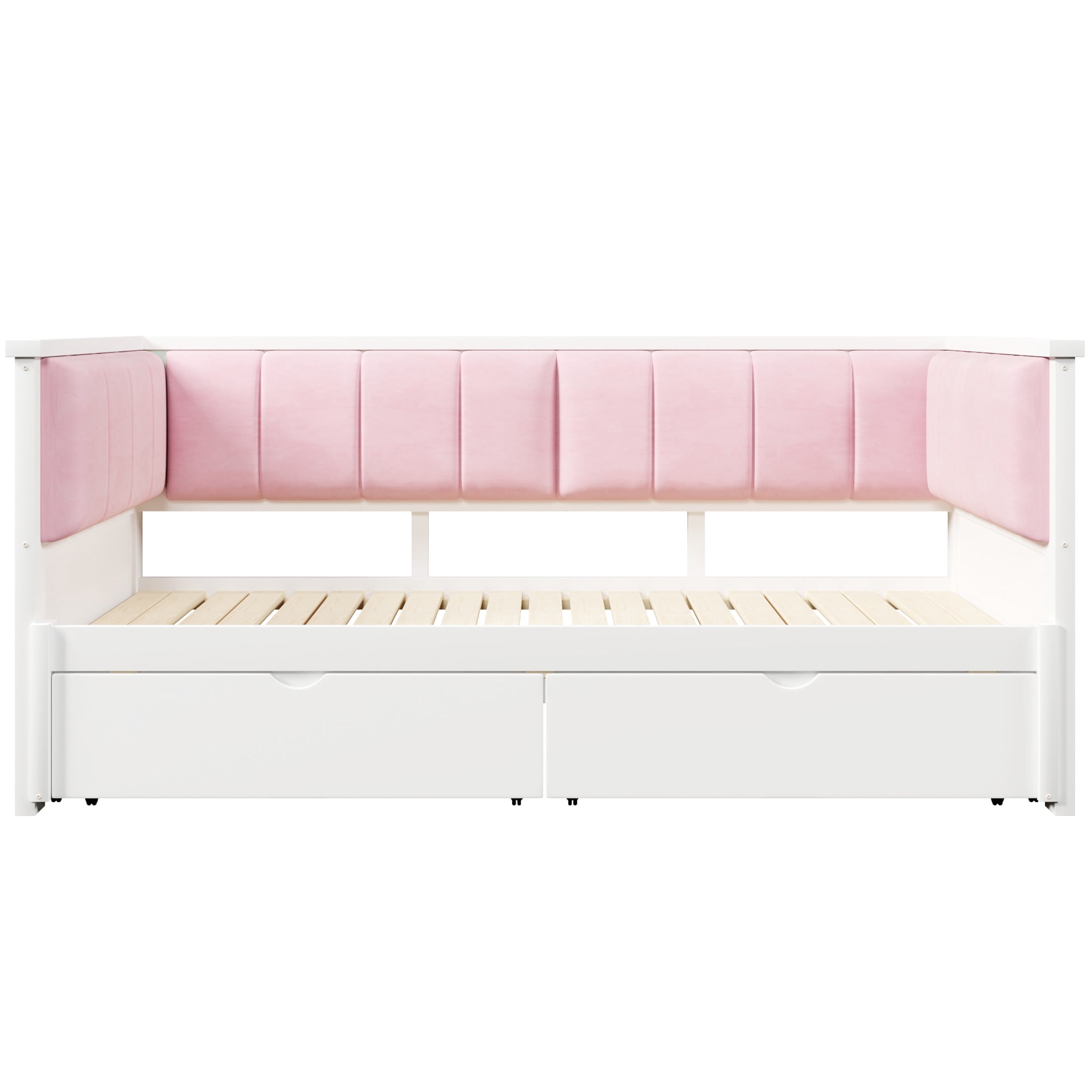 Noble House Henry Twin XL to King Size Expandable Daybed with Storage Drawers and Upholstered Backrest, White and Pink