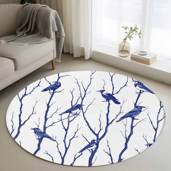 Round Area Rug 3 Ft, Navy Blue Branches Birds Washable Non-Slip Circle Carpet for Living Room/Bedroom, Abstract Forest Silhouettes Low-Profile Small Floor Mats Collection Rugs for Indoor