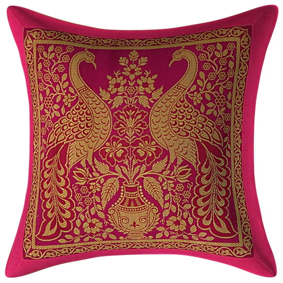 Stylo Culture Ethnic Living Room Magenta And Gold Christmas Throw Pillow Cases Peacock Floral 12x12 Jacquard Weave Banarsi Decorative Sofa Throw Pillow Covers Brocade 30x30 cm Cushion Covers (1 Pc)