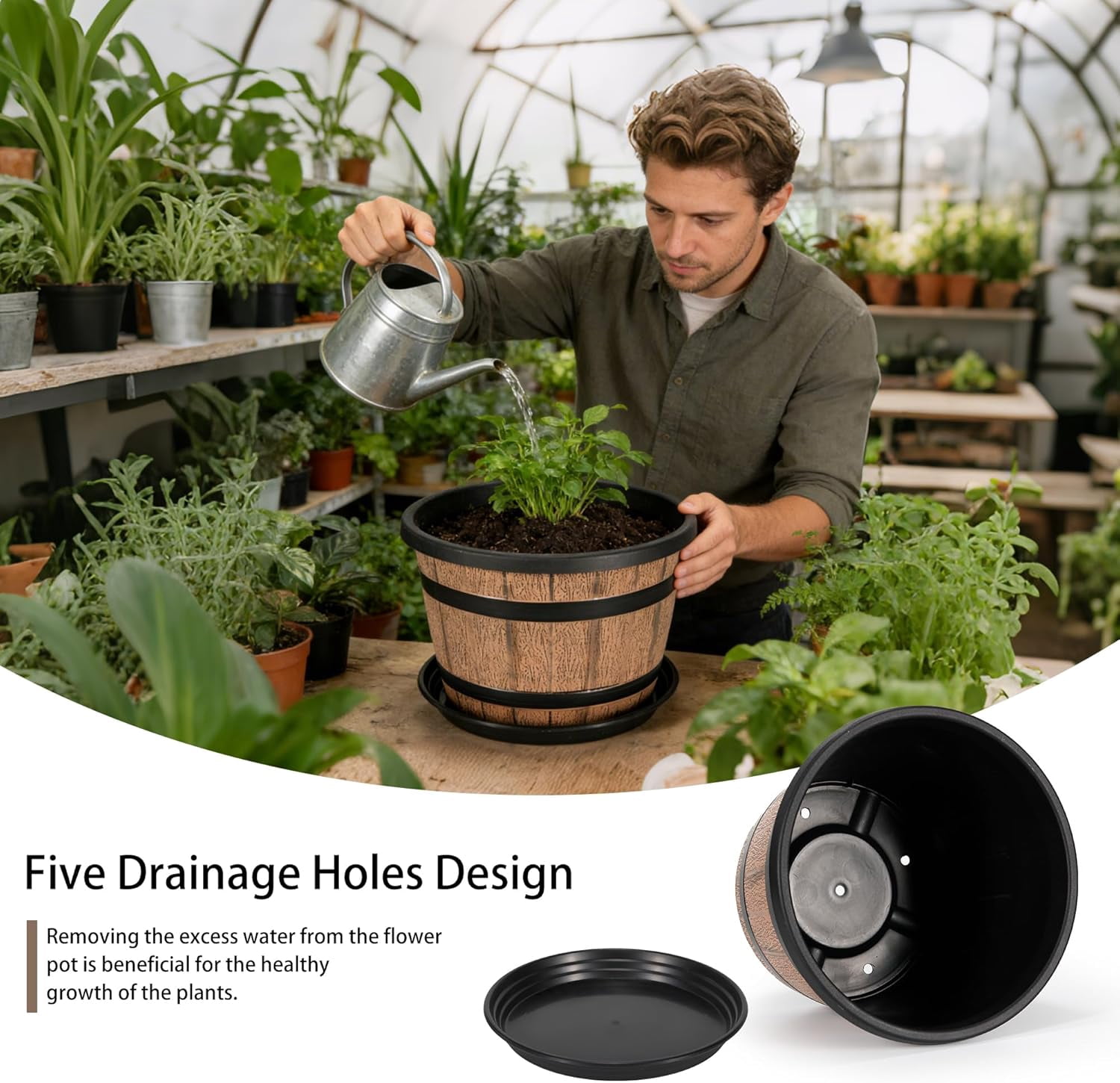 12 Inch Whiskey Barrel Planters with Drainage Holes & Saucer, 5 Pack Plastic Plant Pots with Wine Barrel Design, Flower Pots for Indoor Outdoor Balcony