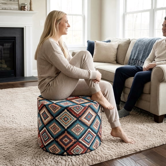 Laitimia 20" Bohemian Embroidered Round Ottoman, Memory Foam Footstool for Home Office & Living Room