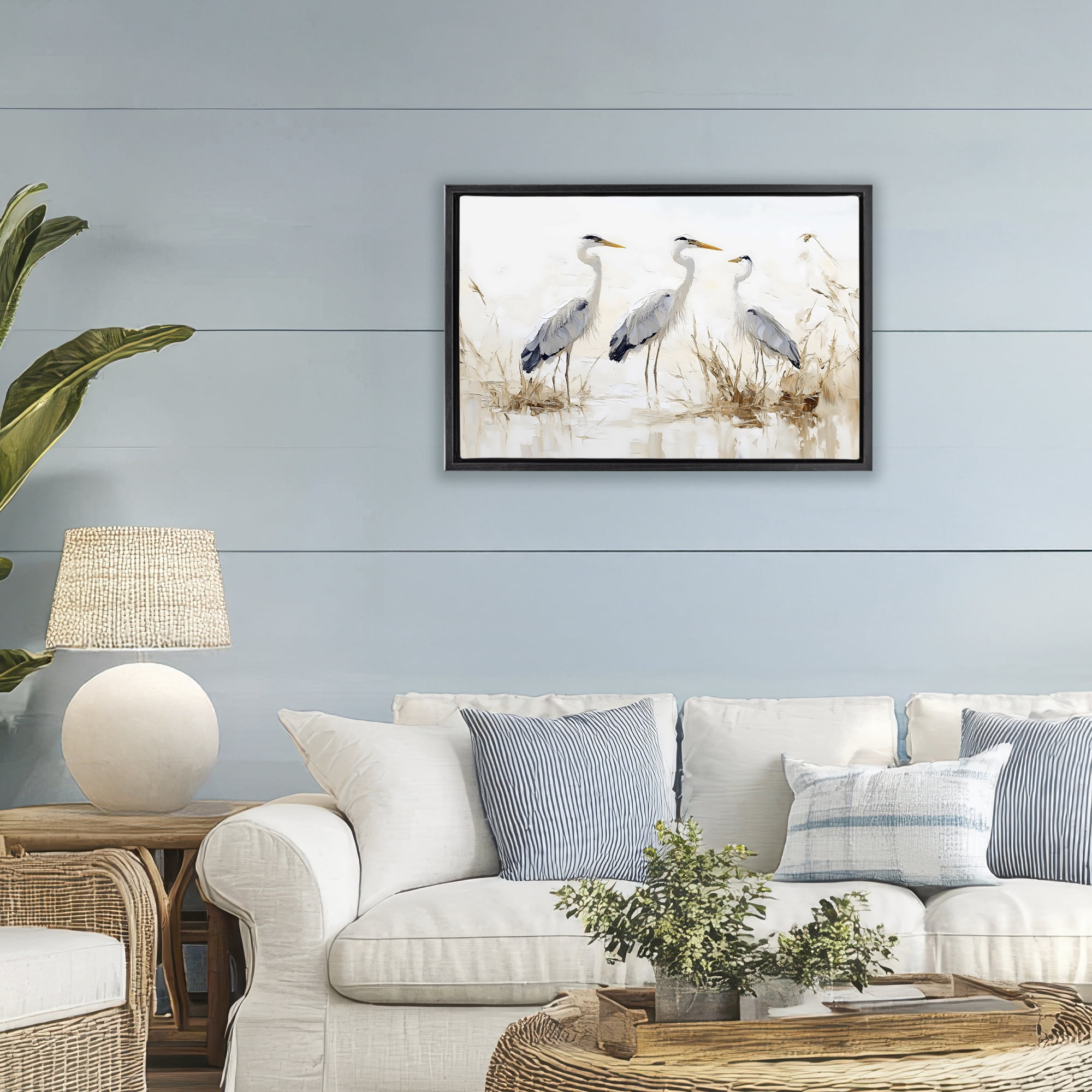 Stupell Industries Neutral Blue Herons in Reeds Black Framed Floater Canvas Wall Art, design by LSR Design Studio