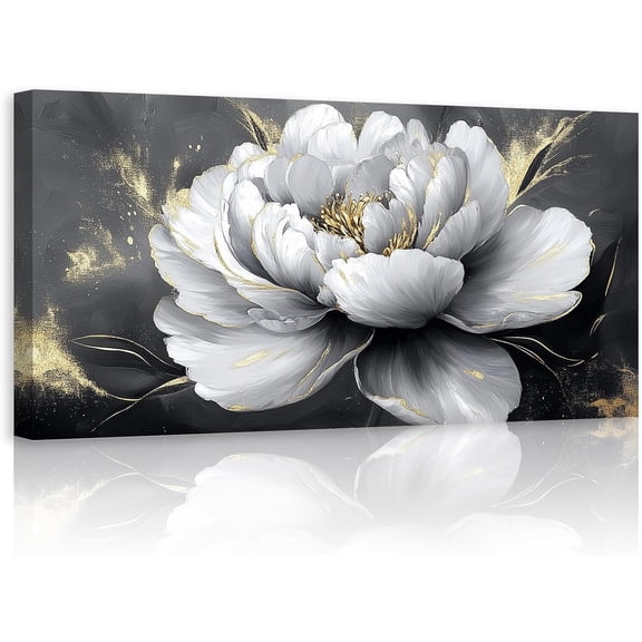 ZHONGYUTONG White Floral Canvas Wall Art Large Flower Gold Pictures Wall Decor Minimalist Lotus Paintings for Living Room Bedroom Decor Framed (12.00" x 24.00")