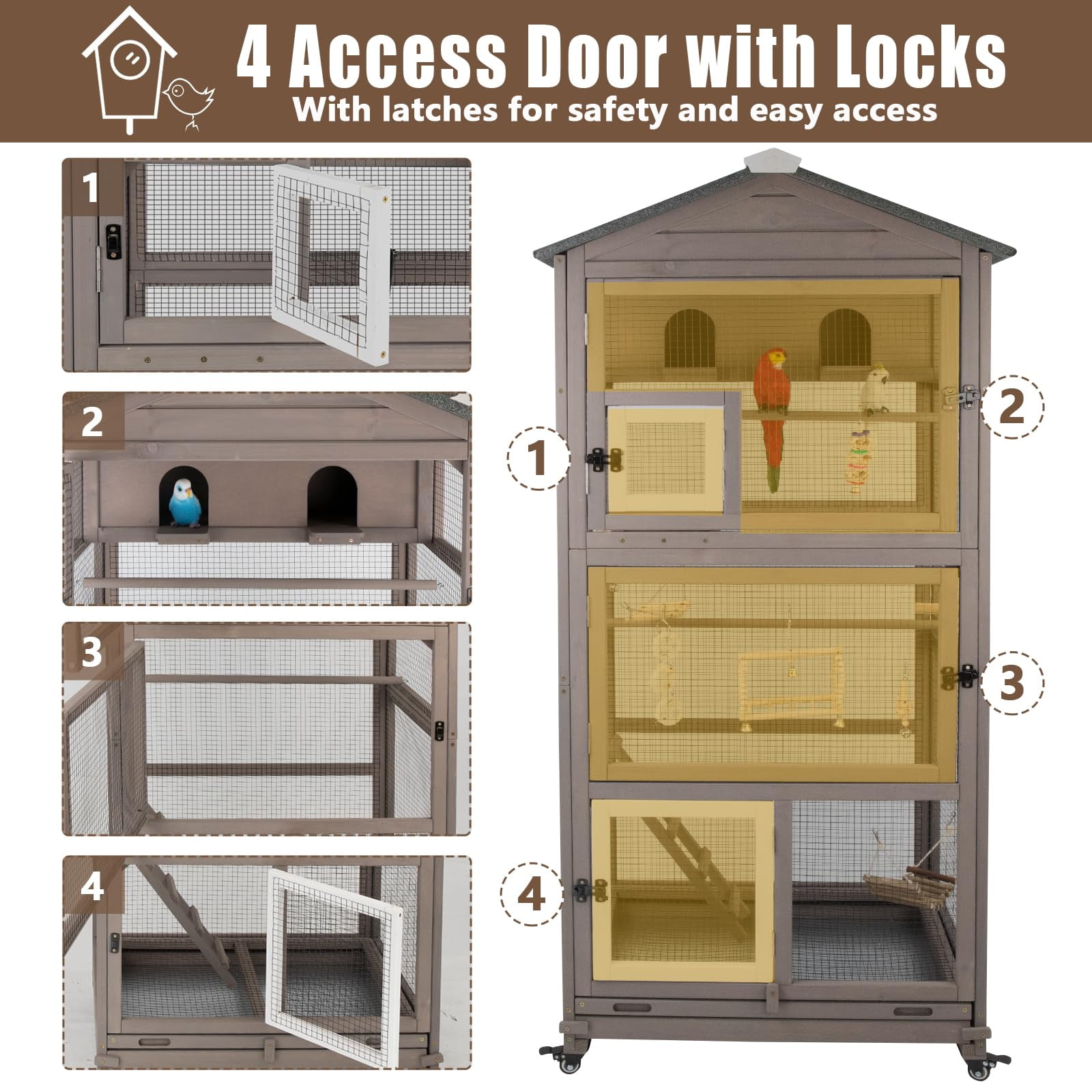 Gowoodhut 68.8"L Outdoor Bird Aviary Indoor Wooden Large Bird Cage Parakeet Cage on Wheels