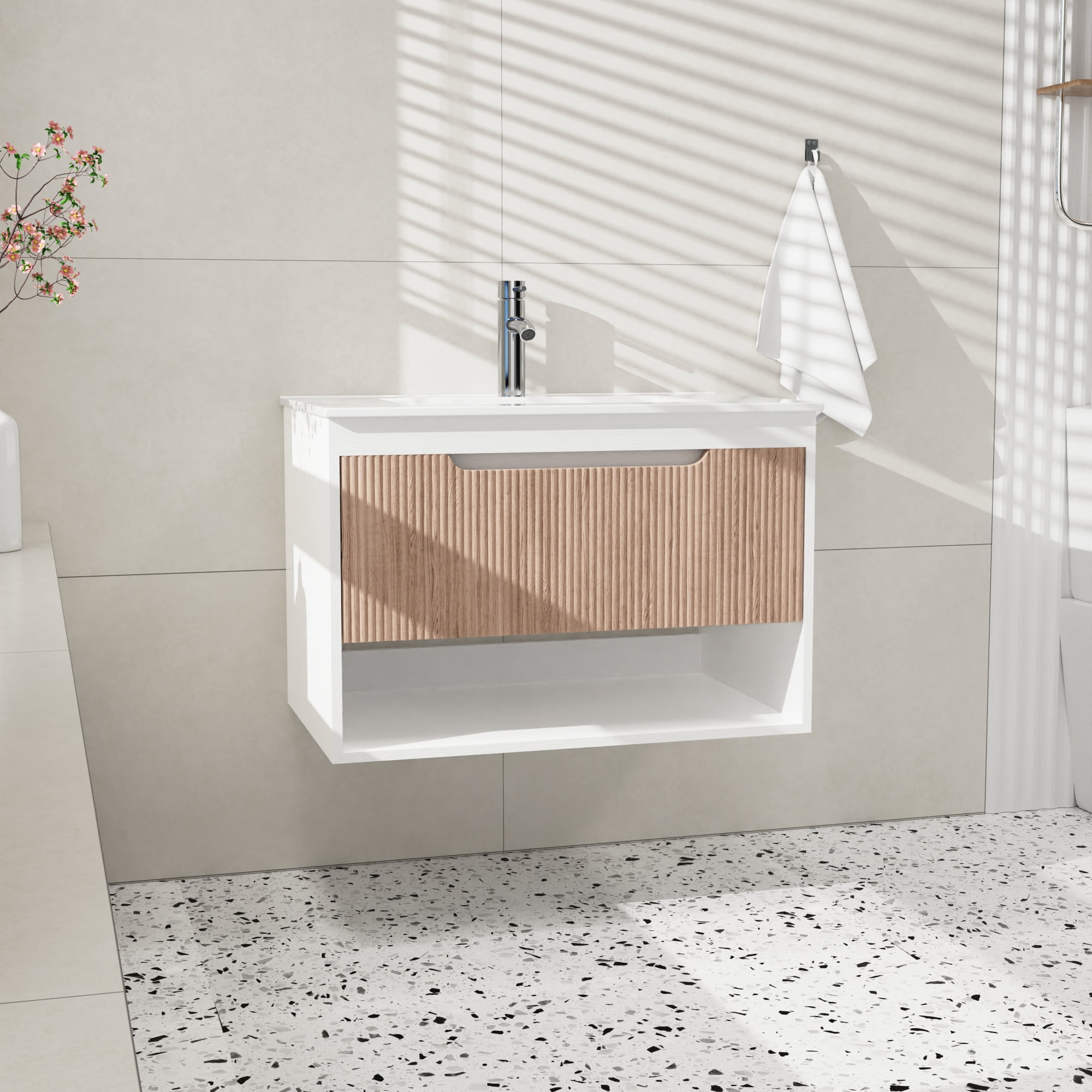 30" Floating Bathroom Vanity Base Cabinet Only, Modern Wall-Mounted MDF Bath Vanity with Fluted Wood Grain Drawer, Soft-Close Rails & Open Shelf, White/Oak (Sink Not Included)